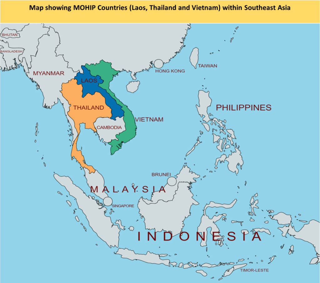 A map showing MOHIP countries - Laos, Thailand and Vietnam within Southeast Asia
